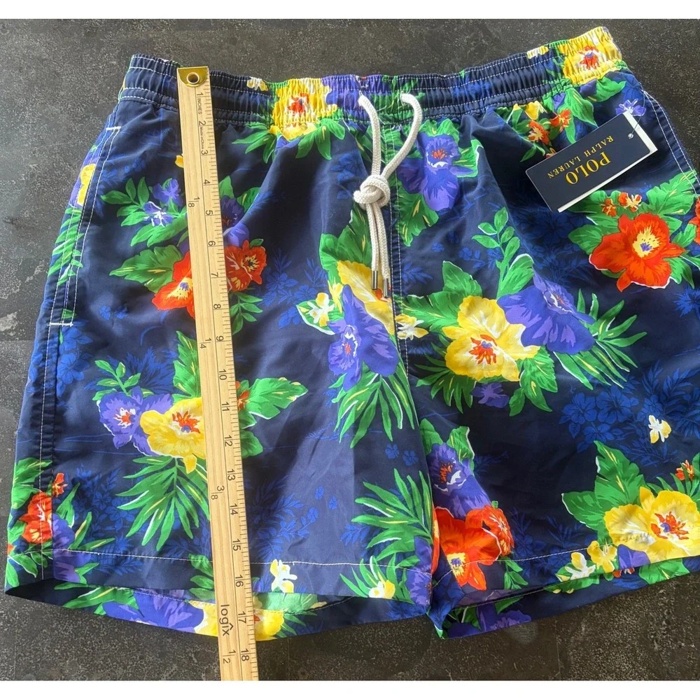 Polo Ralph Lauren Men M Floral Swim Trunks Navy Blue Tropical Hibiscus Short NEW
